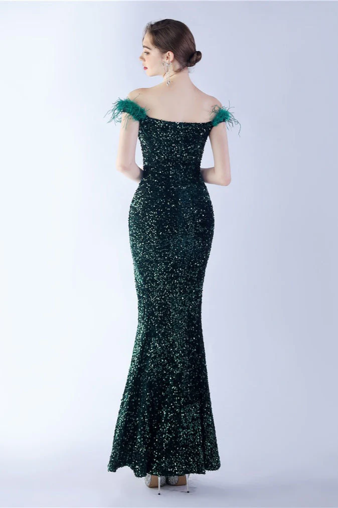Velvet Sequin Ostrich Feather Off Shoulder Formal Dress - Image 31