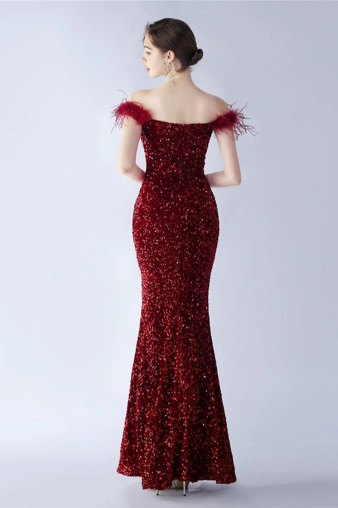 Velvet Sequin Ostrich Feather Off Shoulder Formal Dress - Image 4