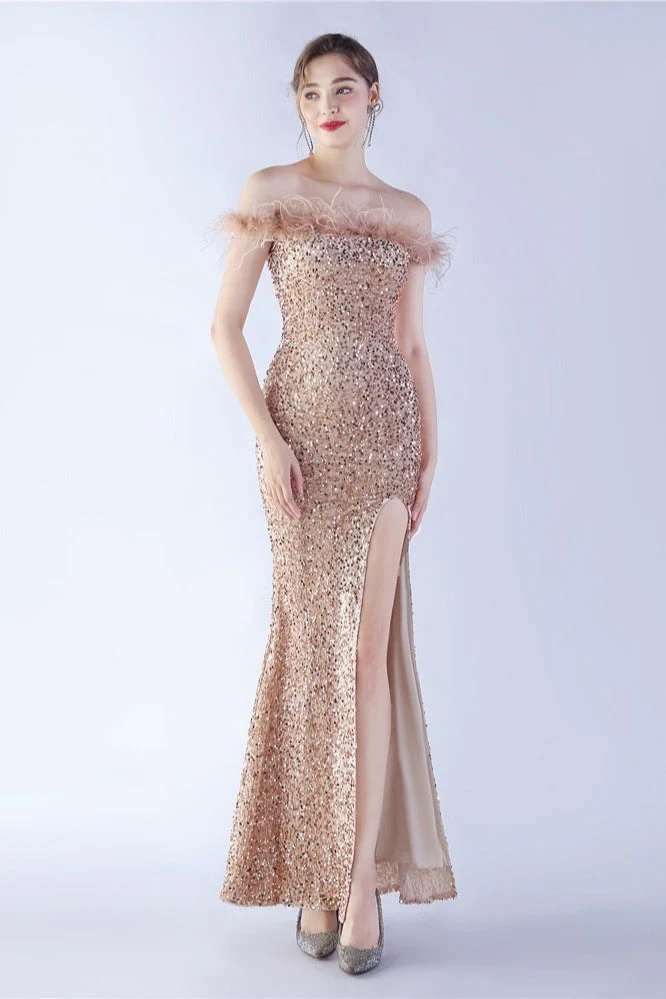 Velvet Sequin Ostrich Feather Off Shoulder Formal Dress - Image 5