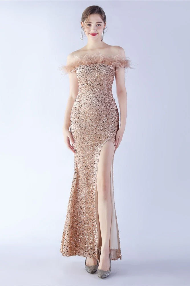 Velvet Sequin Ostrich Feather Off Shoulder Formal Dress - Image 6