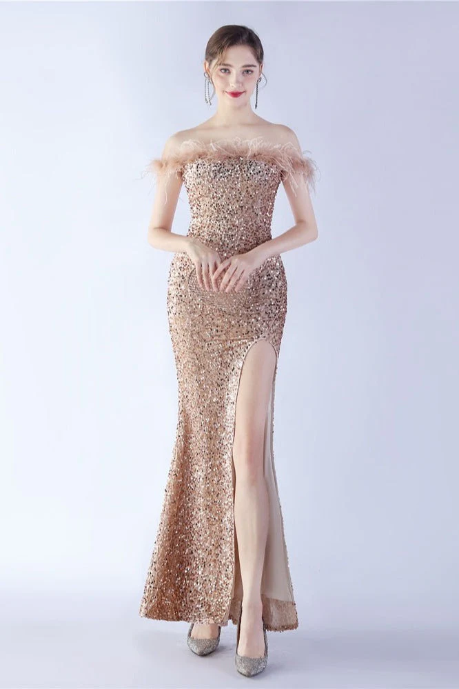 Velvet Sequin Ostrich Feather Off Shoulder Formal Dress - Image 7