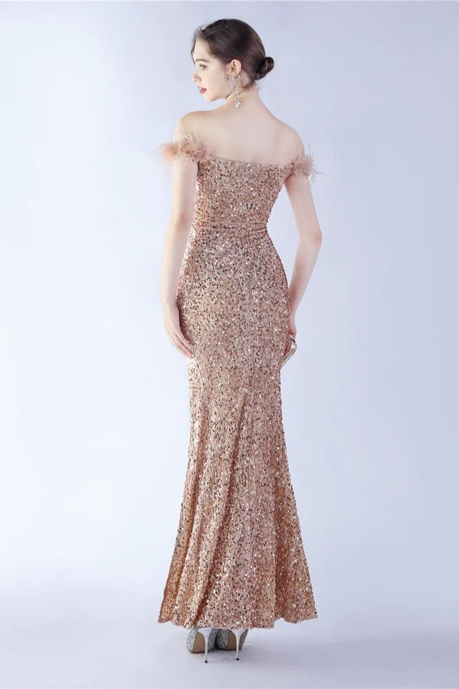 Velvet Sequin Ostrich Feather Off Shoulder Formal Dress - Image 8