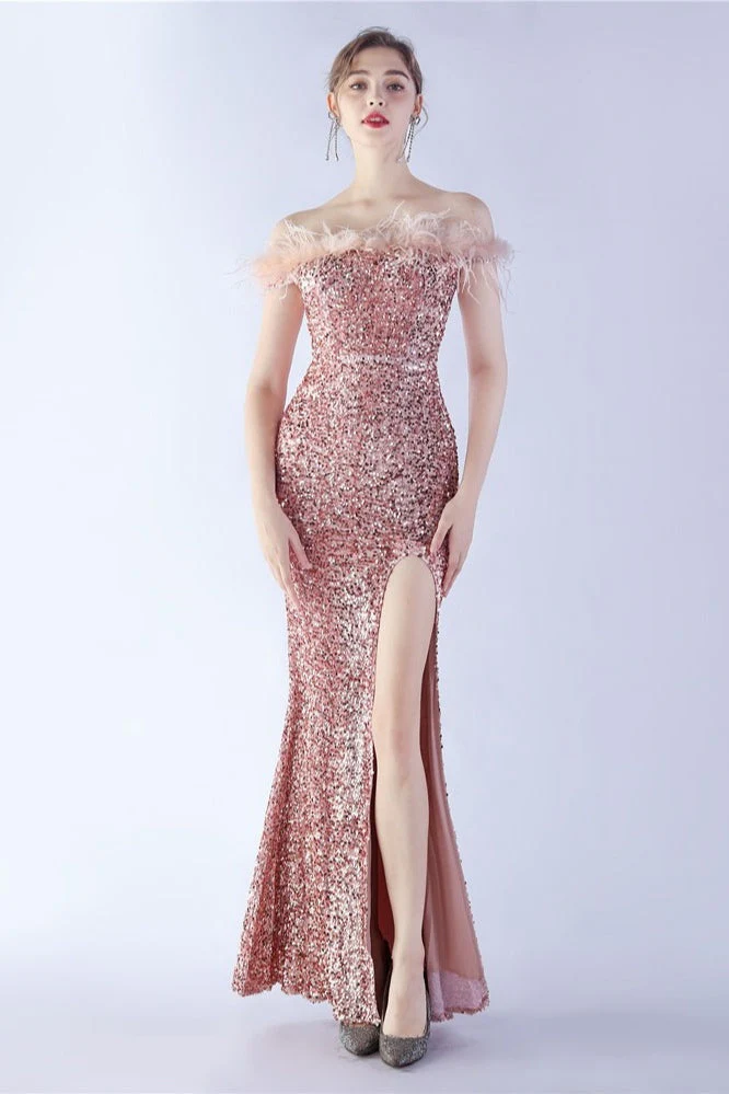 Velvet Sequin Ostrich Feather Off Shoulder Formal Dress - Image 9