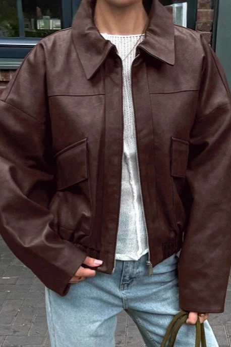Vintage Brown PU Leather Jacket - Image 3