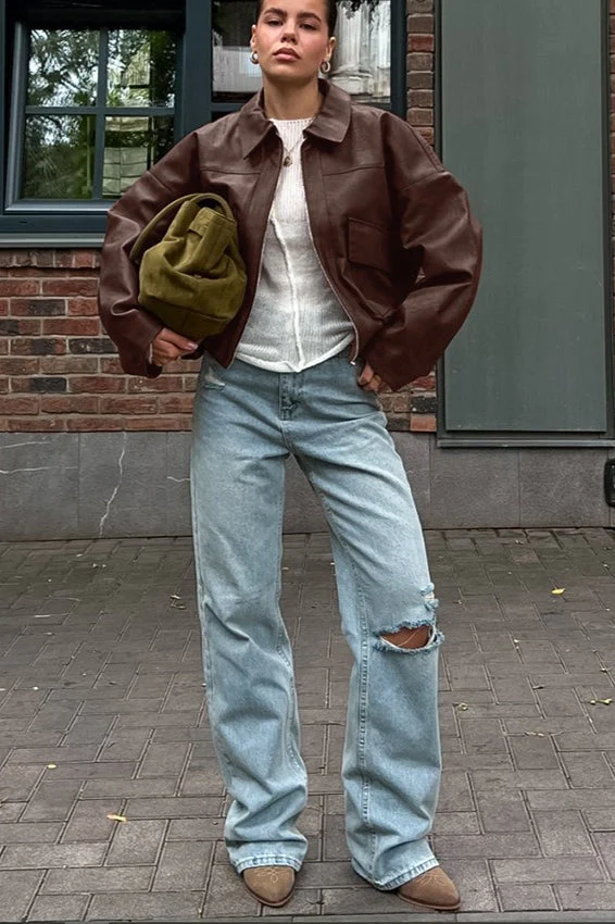Vintage Brown PU Leather Jacket - Image 5