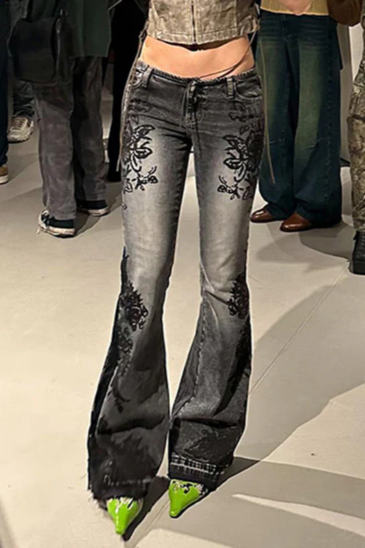Vintage Plant Print Flared Jeans - Image 11