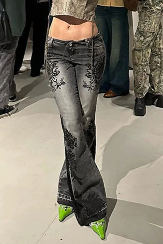 Vintage Plant Print Flared Jeans - Image 4