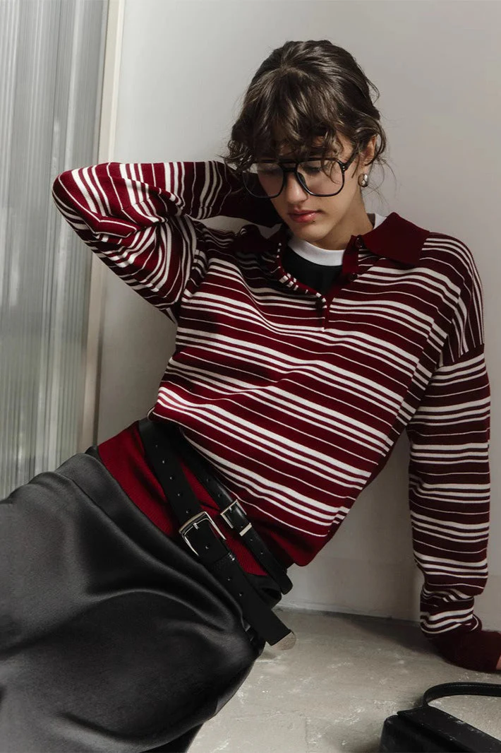 Vintage Striped Knit Polo Sweater - Image 2