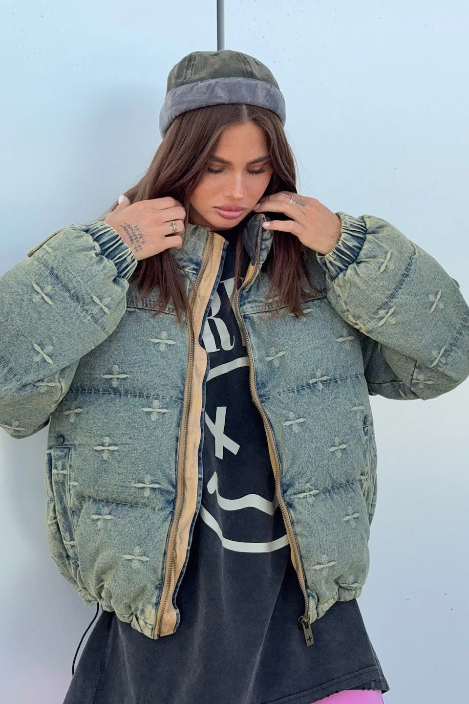Vintage Washed Cross Embroidery Puffer Jacket - Image 2