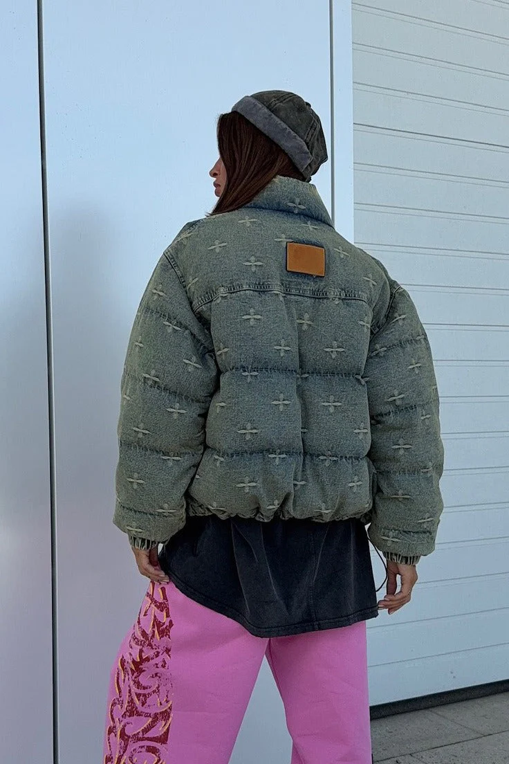 Vintage Washed Cross Embroidery Puffer Jacket - Image 4