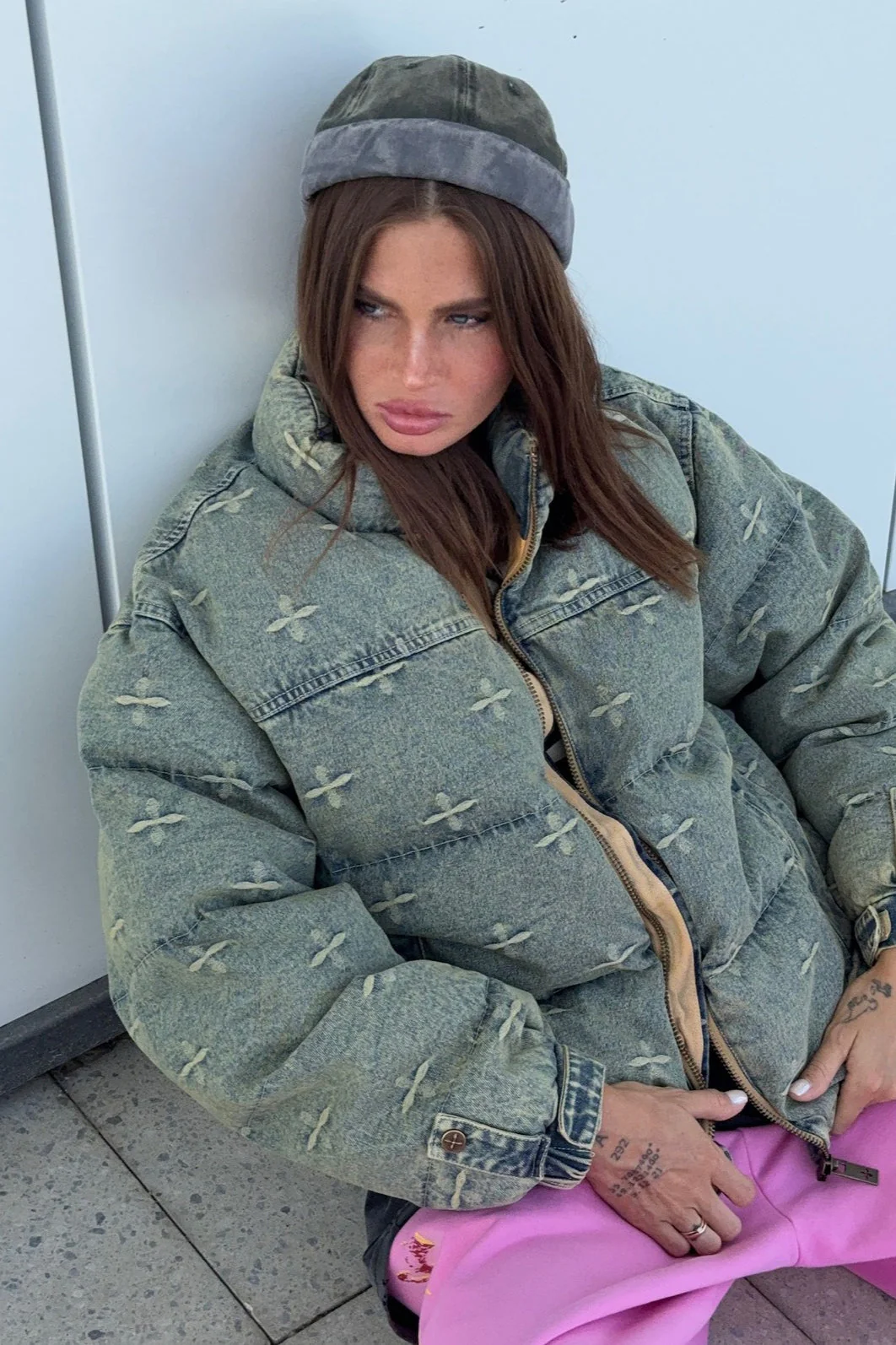 Vintage Washed Cross Embroidery Puffer Jacket - Image 6