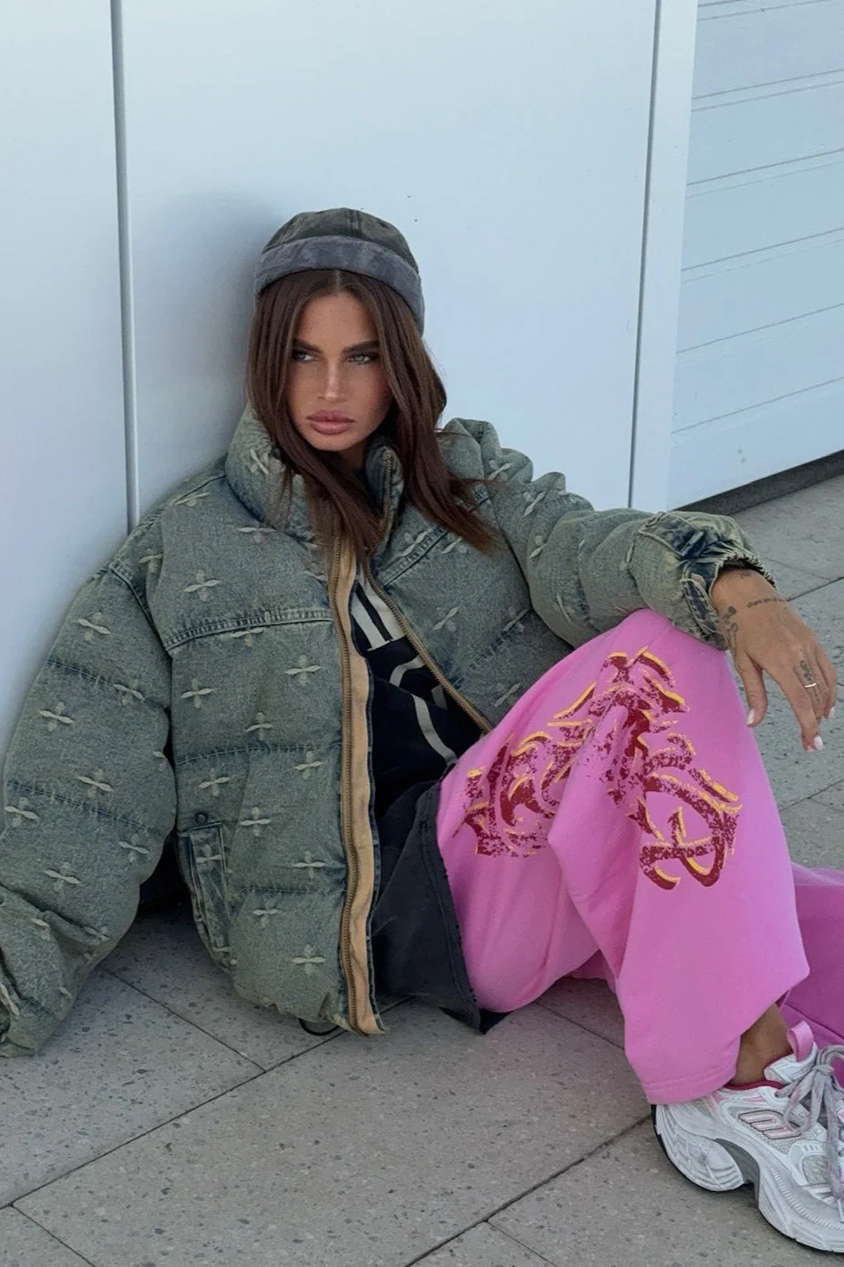Vintage Washed Cross Embroidery Puffer Jacket - Image 7