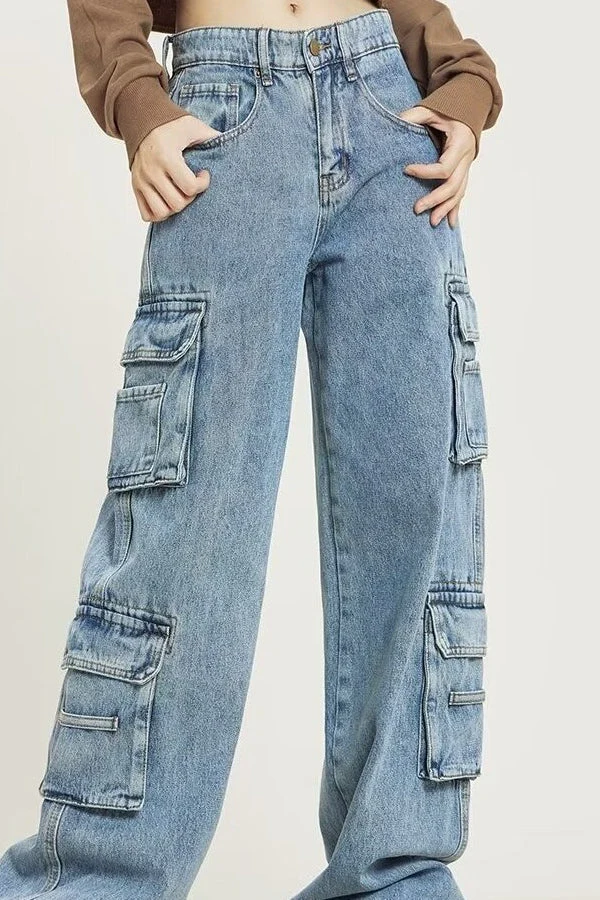 Vintage Washed Wide Leg Cargo Jeans - Image 2