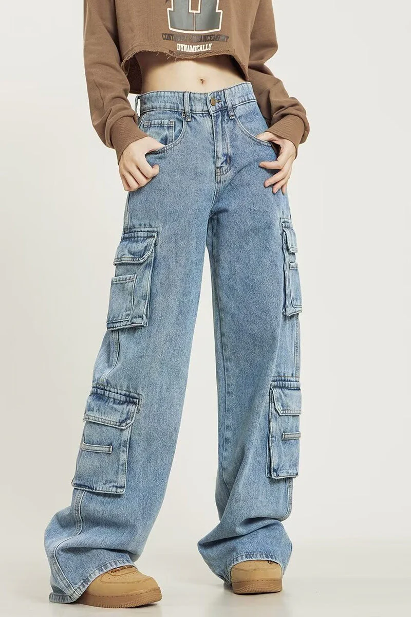 Vintage Washed Wide Leg Cargo Jeans - Image 3