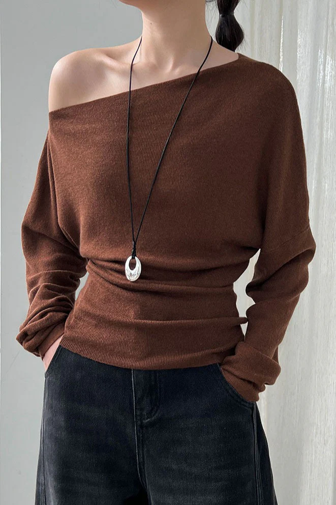Waist Defining Asymmetric Shoulder Knit Top - Image 12
