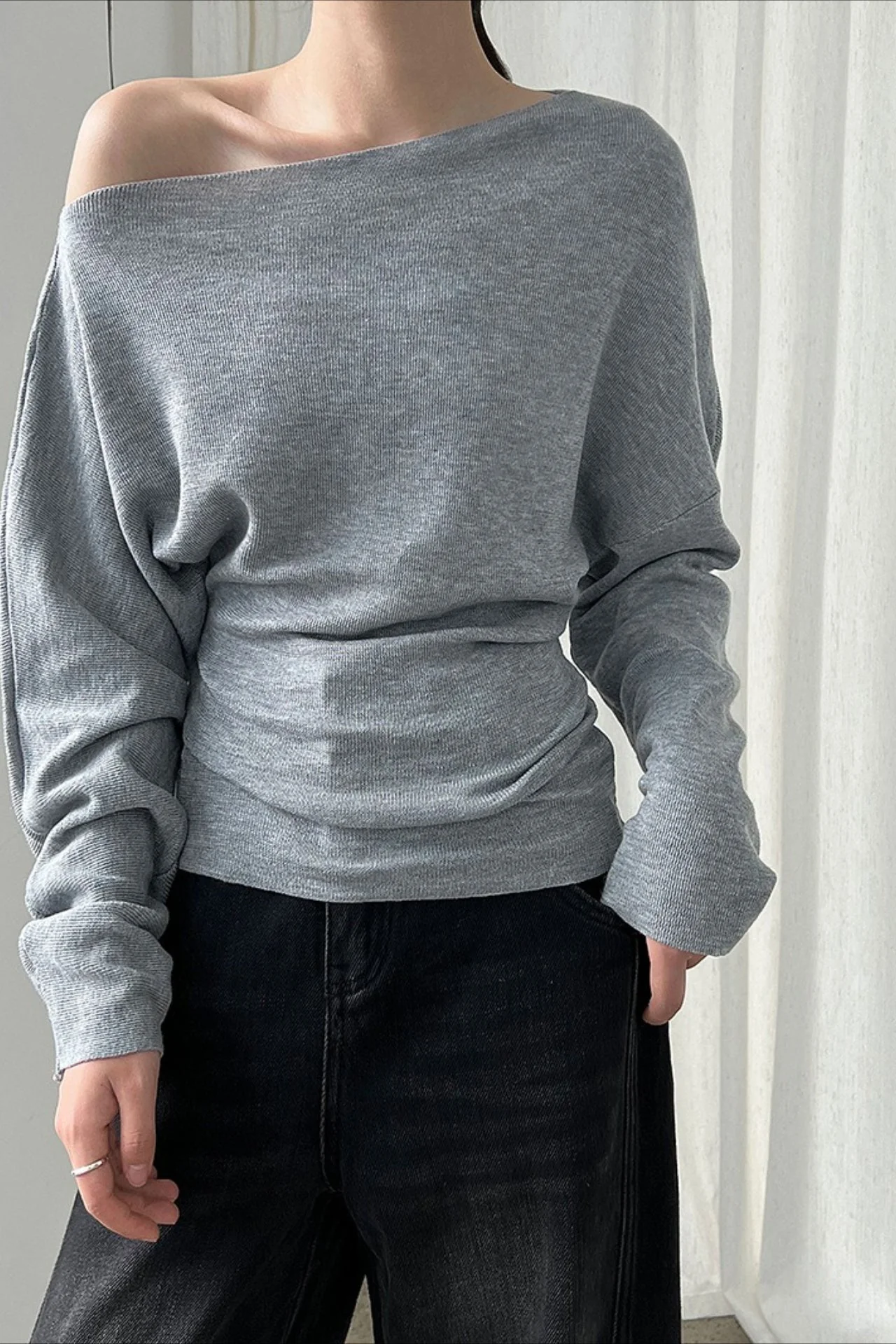 Waist Defining Asymmetric Shoulder Knit Top - Image 13