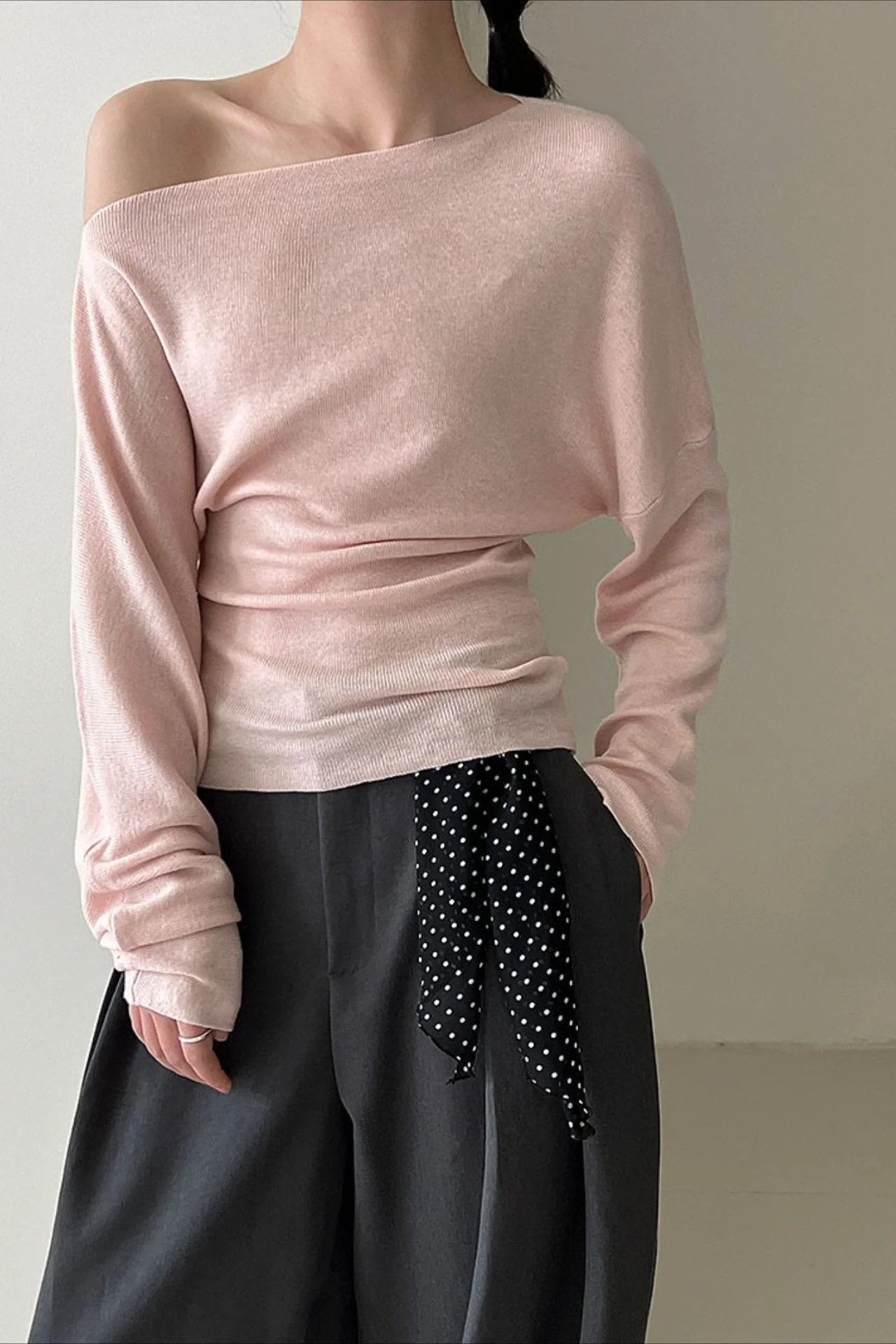 Waist Defining Asymmetric Shoulder Knit Top - Image 3