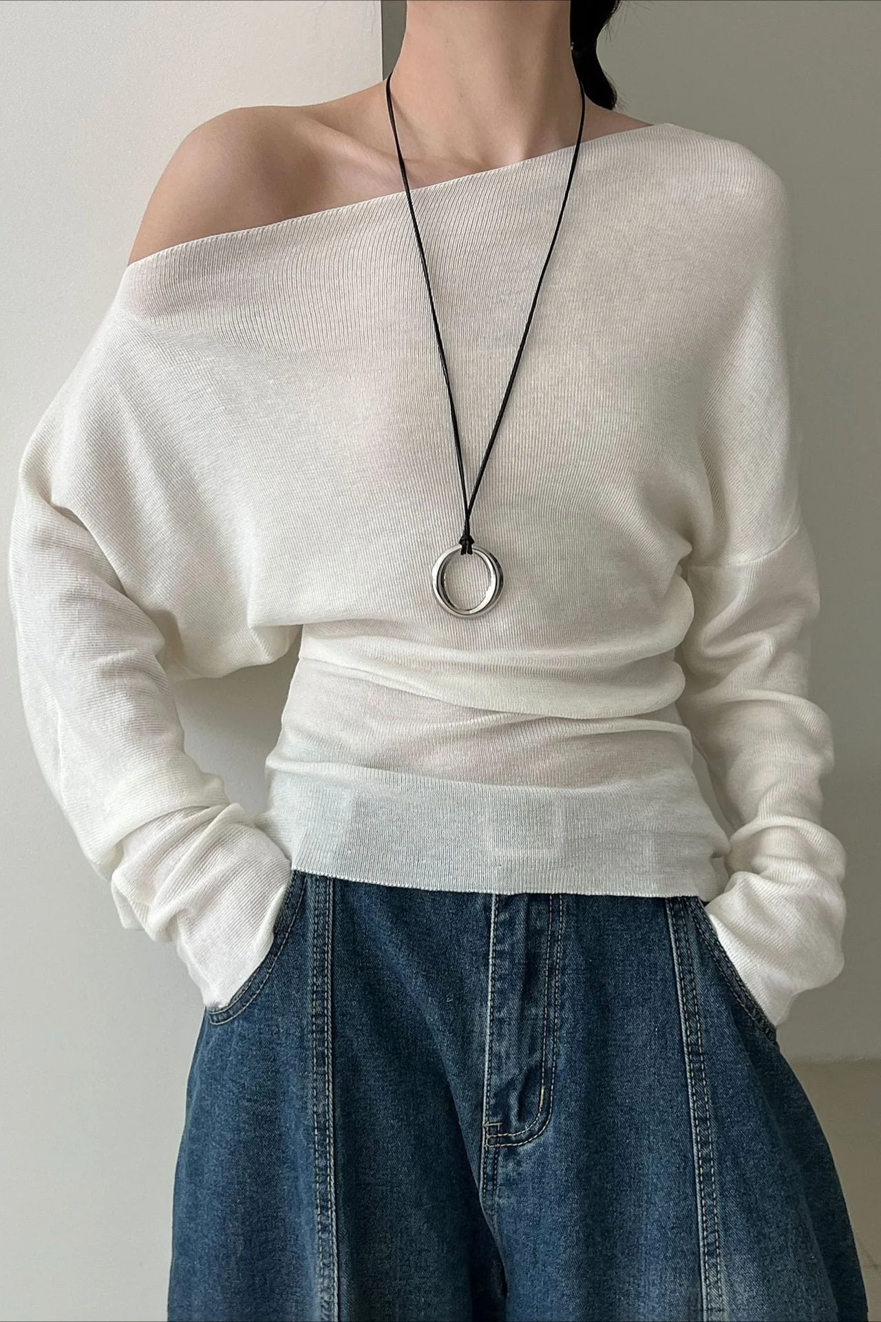Waist Defining Asymmetric Shoulder Knit Top - Image 5