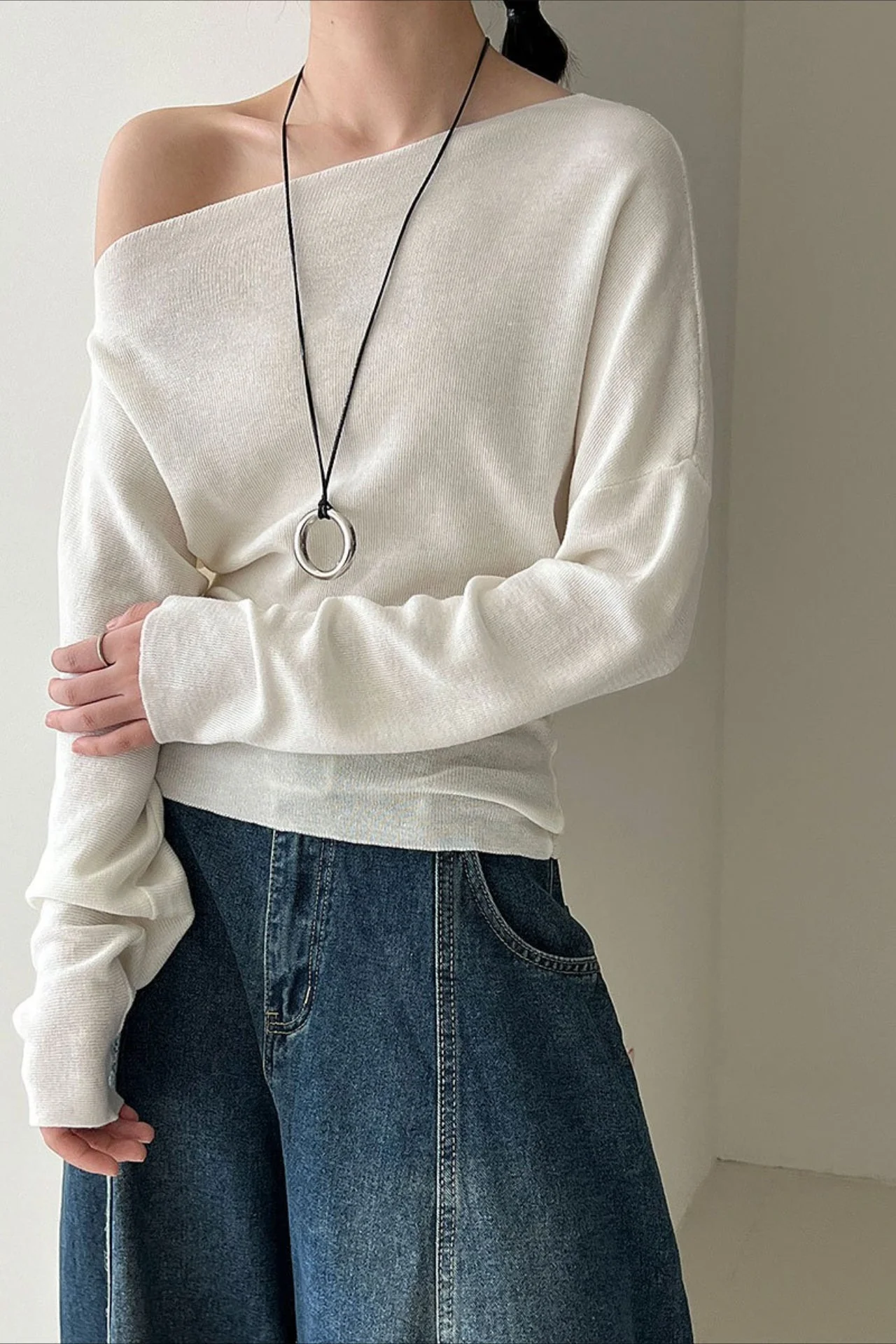 Waist Defining Asymmetric Shoulder Knit Top - Image 9