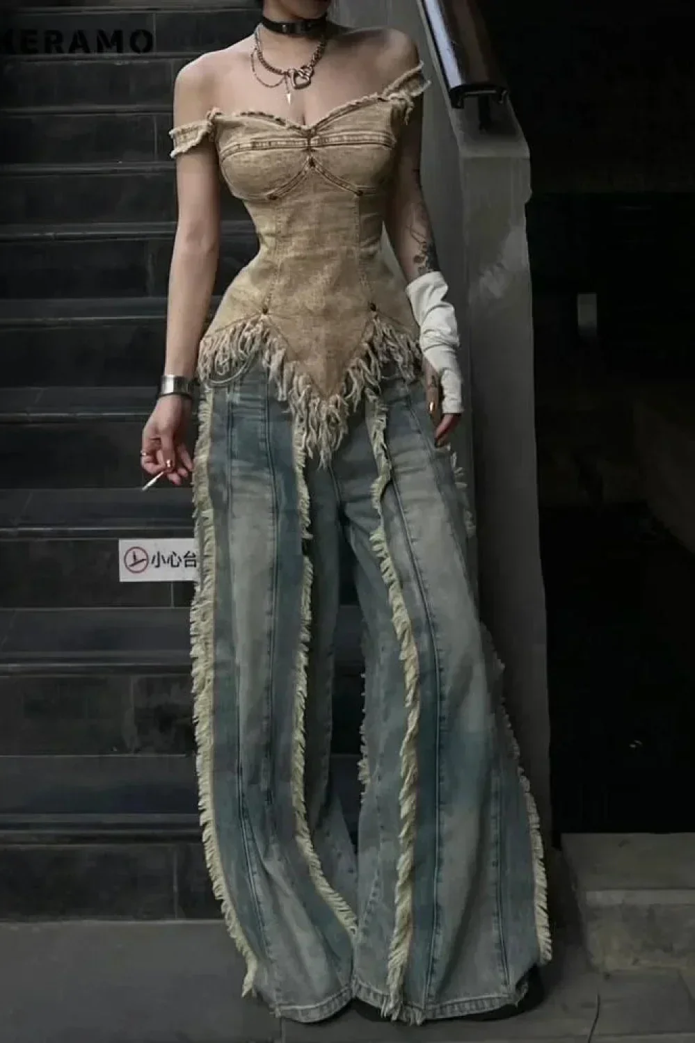 Washed Baggy Vintage Tassel Jeans - Image 10