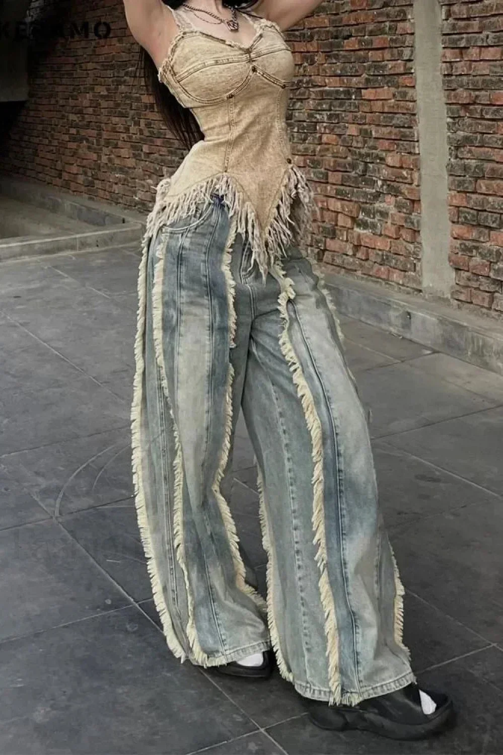 Washed Baggy Vintage Tassel Jeans - Image 11