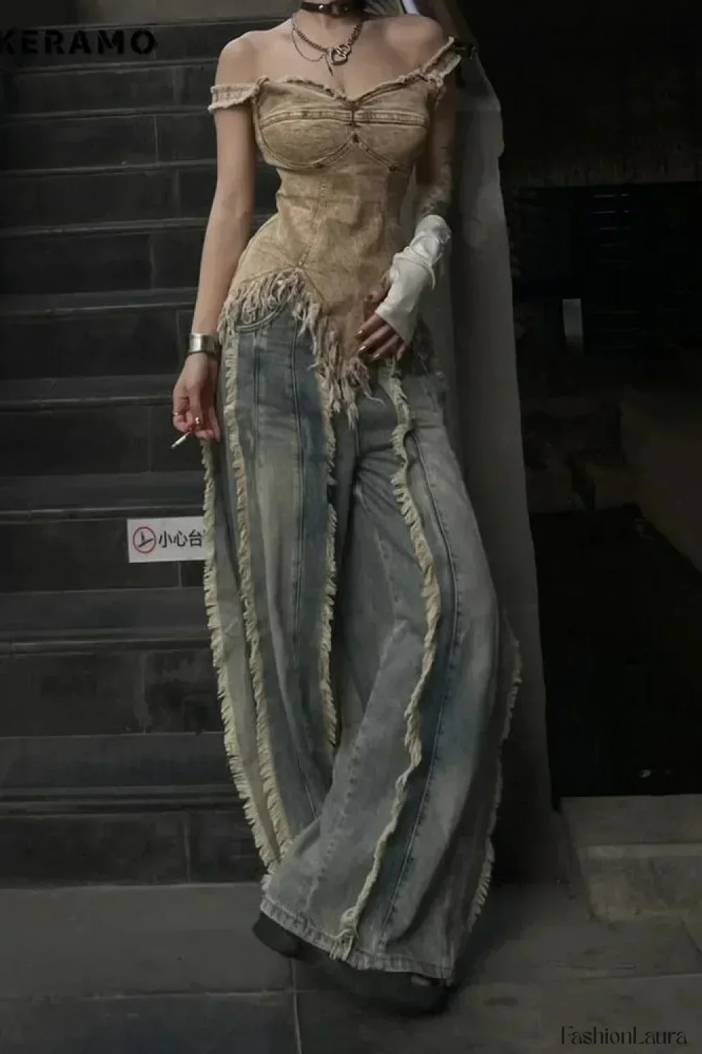 Washed Baggy Vintage Tassel Jeans - Image 13