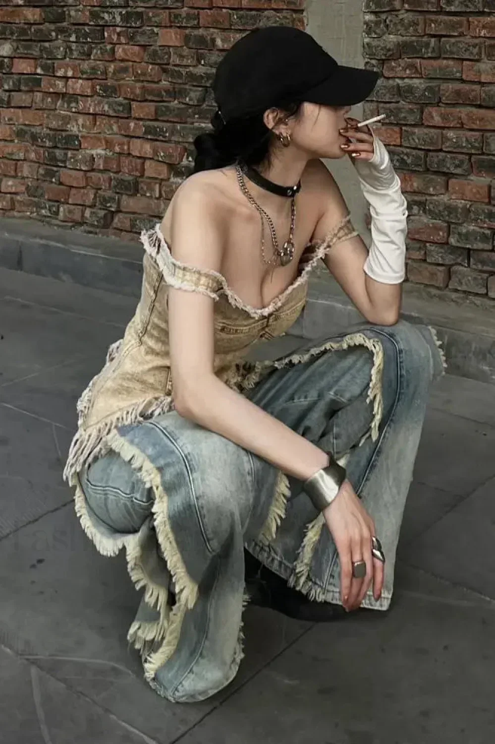 Washed Baggy Vintage Tassel Jeans - Image 8