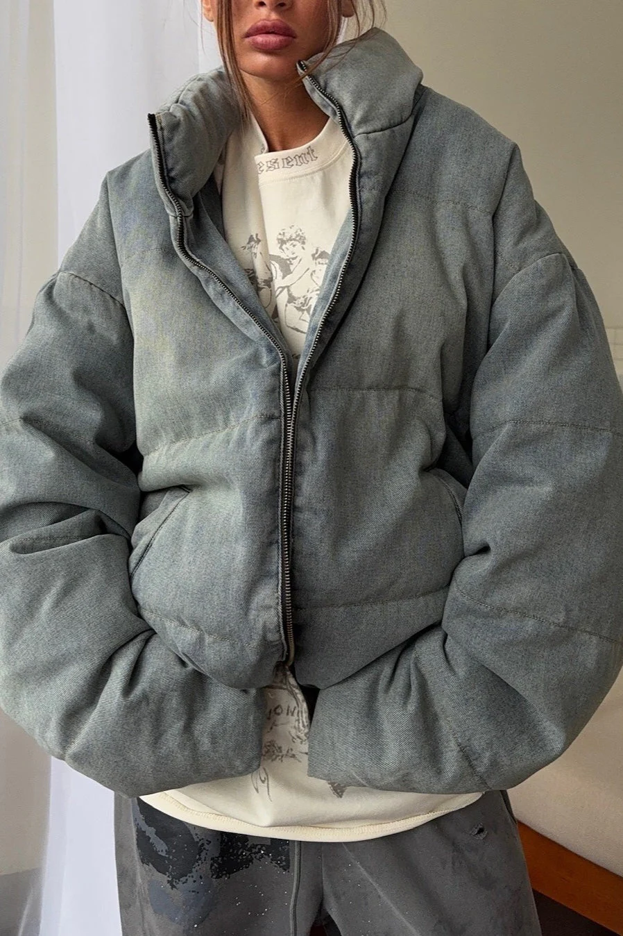 Washed Denim Stand Collar Puffer Jacket - Image 2