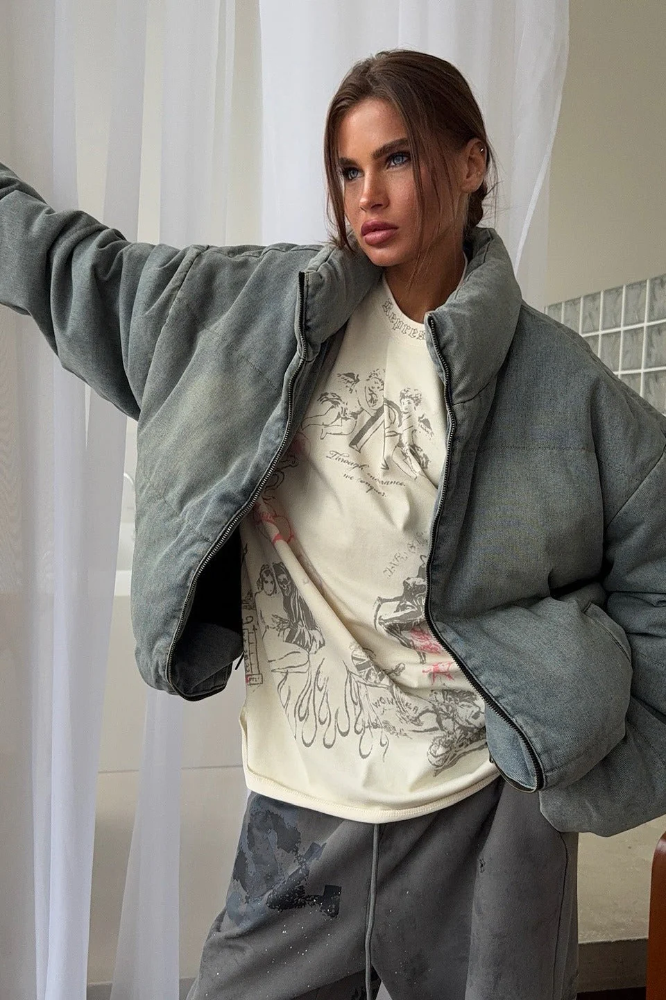 Washed Denim Stand Collar Puffer Jacket - Image 3