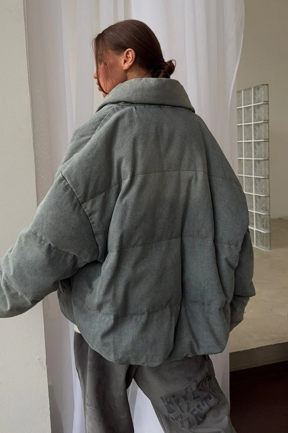 Washed Denim Stand Collar Puffer Jacket - Image 4