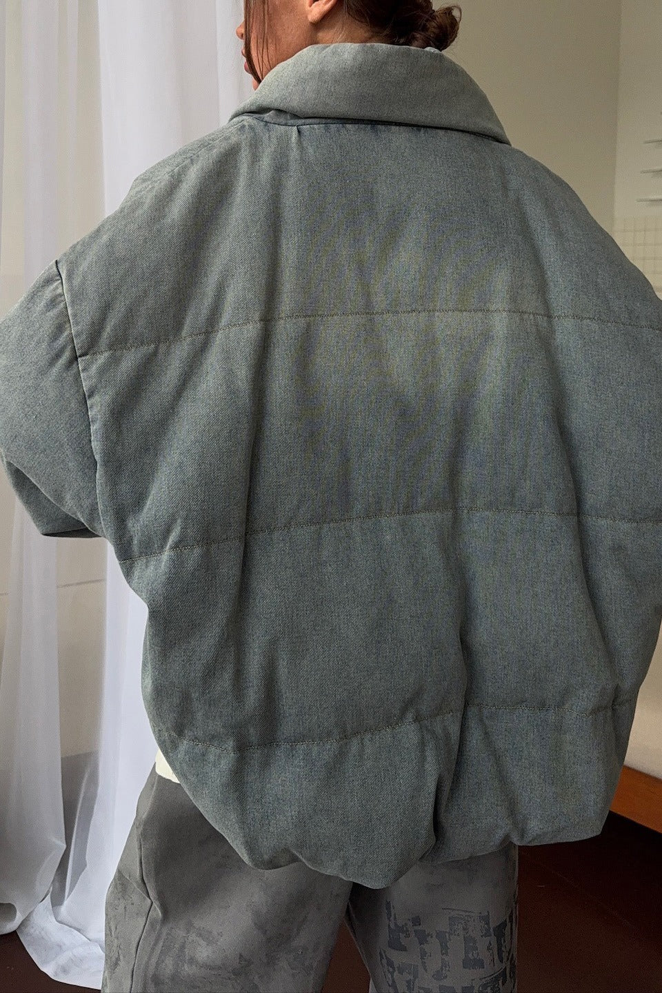 Washed Denim Stand Collar Puffer Jacket - Image 5