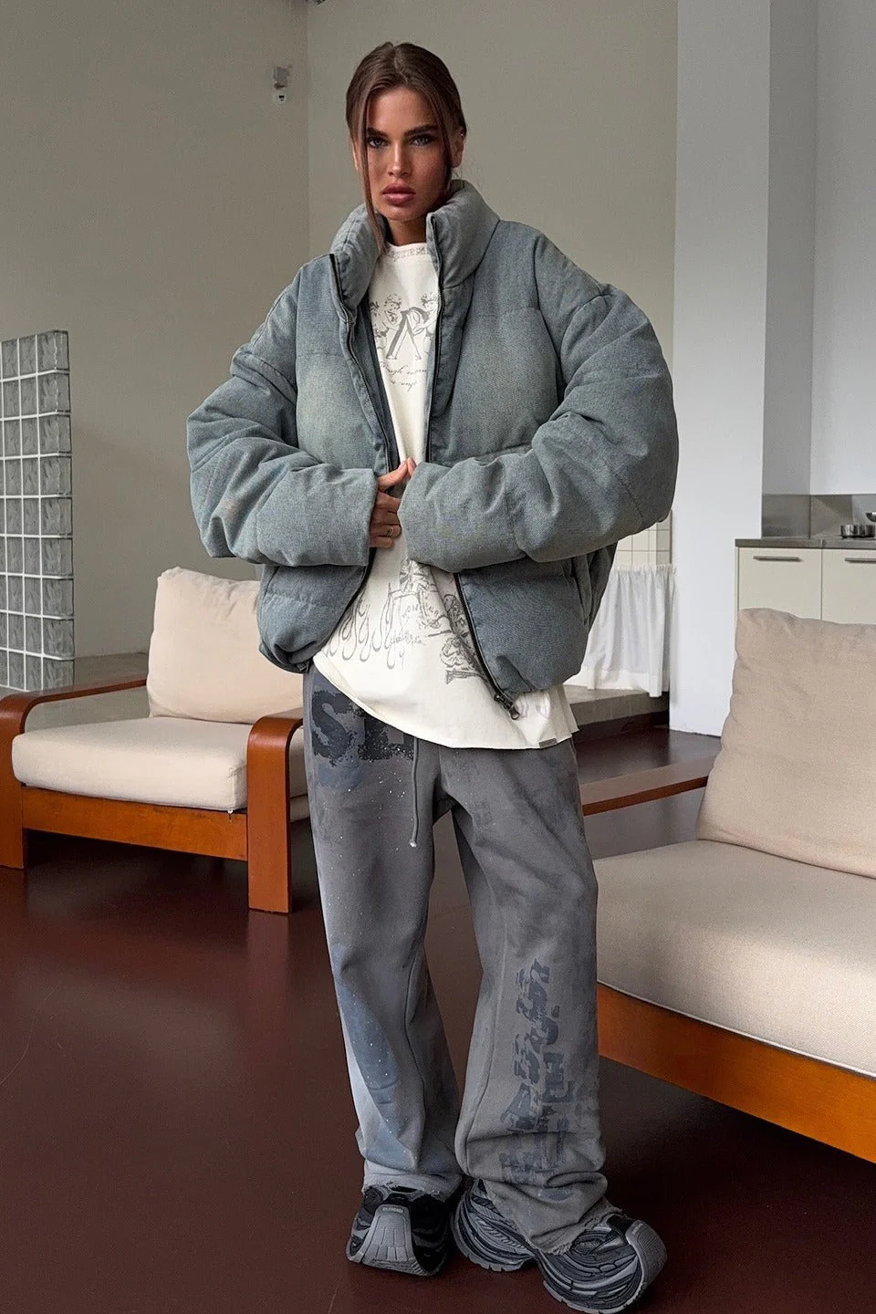 Washed Denim Stand Collar Puffer Jacket - Image 6