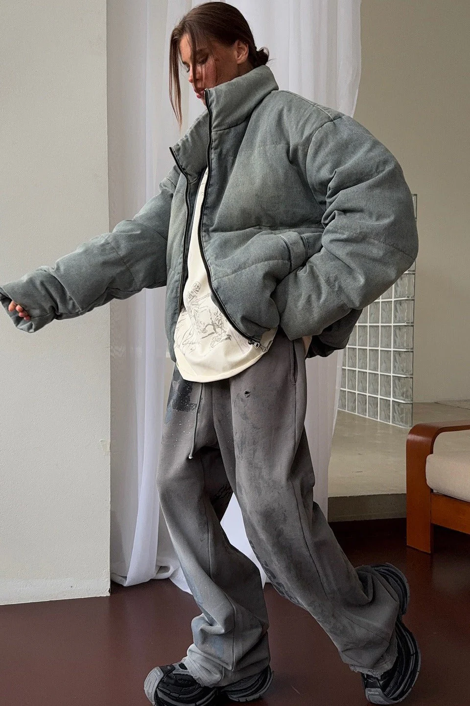 Washed Denim Stand Collar Puffer Jacket - Image 7
