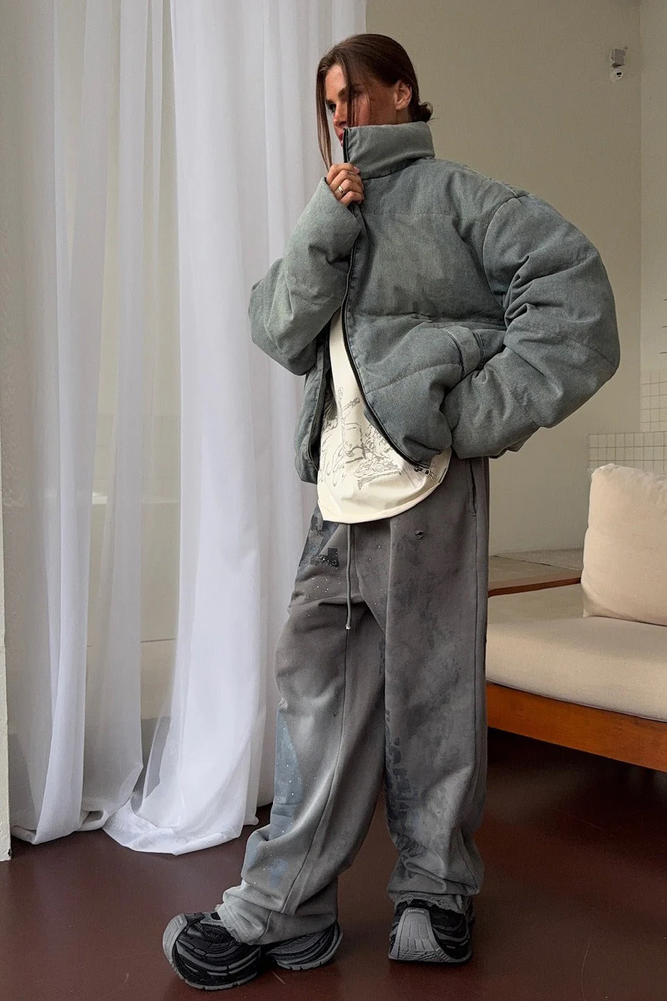 Washed Denim Stand Collar Puffer Jacket - Image 8