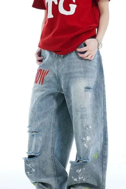 Washed Embroidered Loose Jeans - Image 10