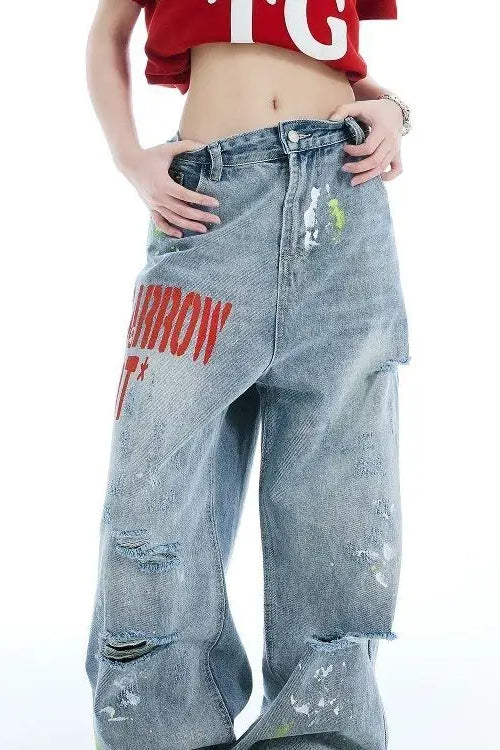 Washed Embroidered Loose Jeans - Image 2