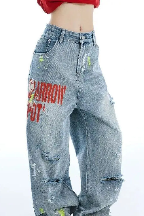 Washed Embroidered Loose Jeans - Image 3