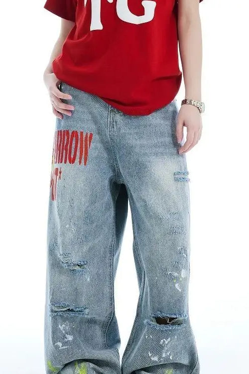 Washed Embroidered Loose Jeans - Image 7