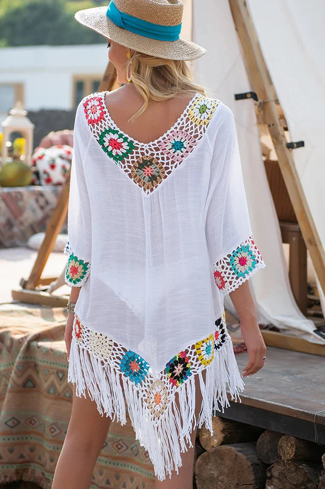 White Fringe Trim Boho Dress - Image 2