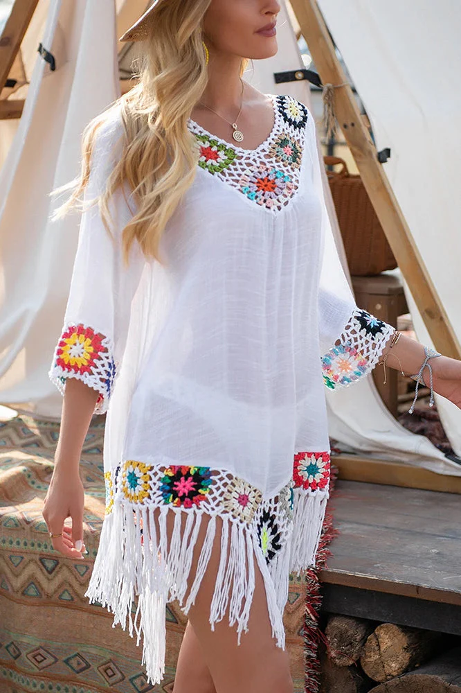White Fringe Trim Boho Dress - Image 4