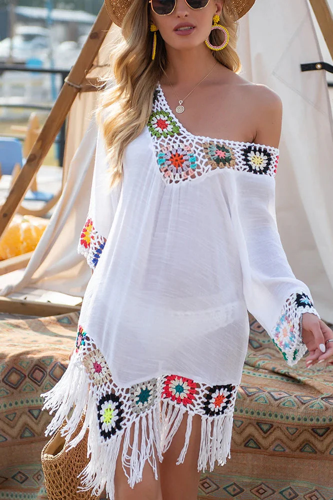White Fringe Trim Boho Dress - Image 5
