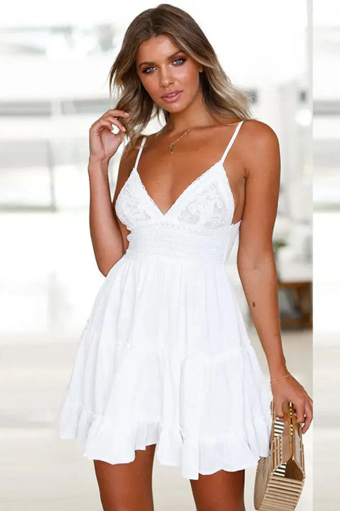 White Spaghetti Strap Mini Boho Dress - Image 10