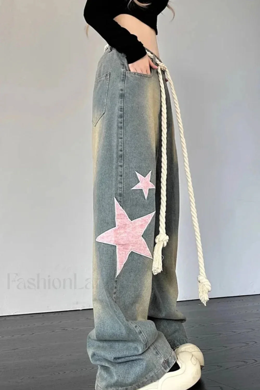 Wide Leg Patchwork Heart Jeans - Image 3