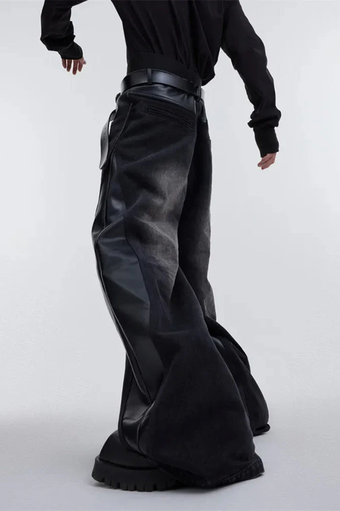 Wide Leg PU Leather Patchwork Jeans - Image 16