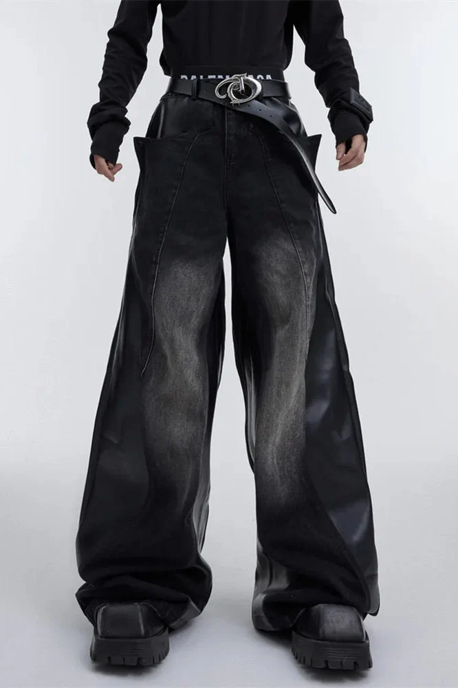 Wide Leg PU Leather Patchwork Jeans - Image 17