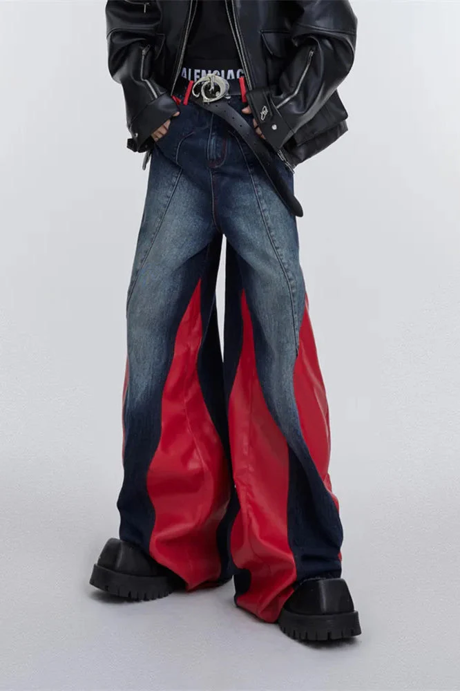 Wide Leg PU Leather Patchwork Jeans - Image 22