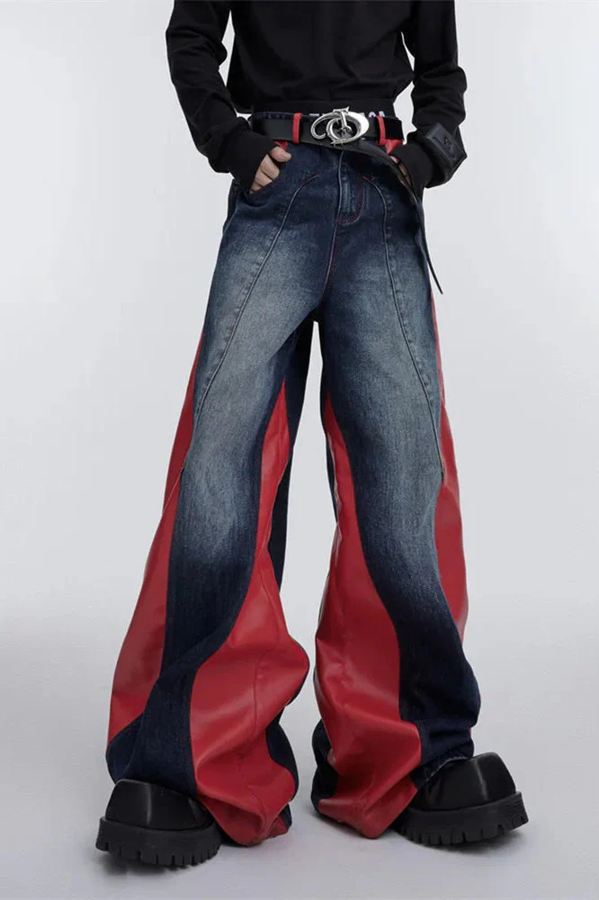 Wide Leg PU Leather Patchwork Jeans - Image 23