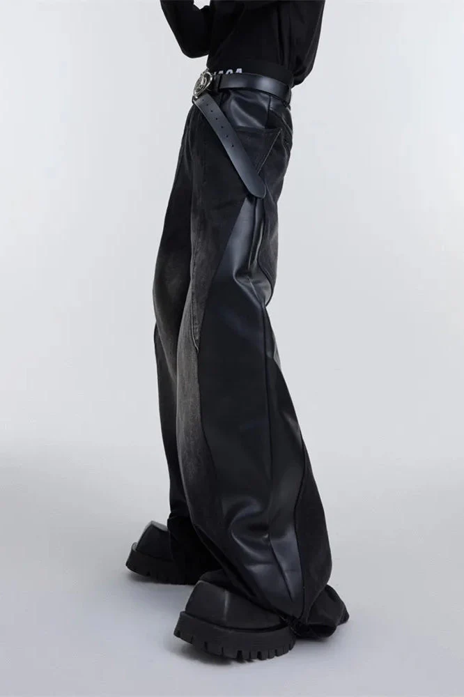 Wide Leg PU Leather Patchwork Jeans - Image 25