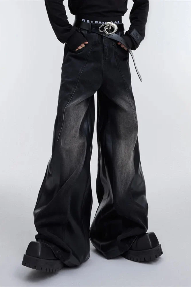 Wide Leg PU Leather Patchwork Jeans - Image 27