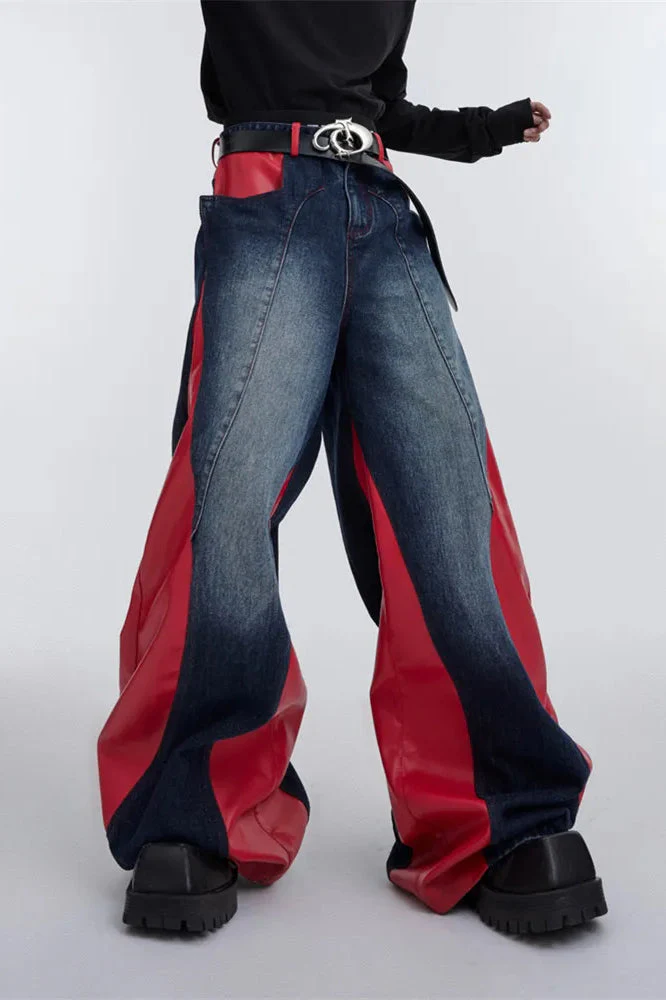 Wide Leg PU Leather Patchwork Jeans - Image 3